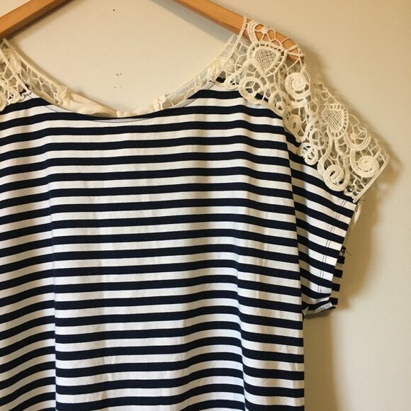 Whimsigoth Black & White Stripe and Crochet Lace Shoulder Tie Back Top - Picture 2 of 13